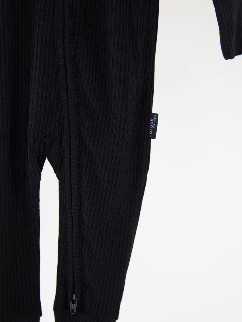 Jet Black Ribbed Bamboo Convertible Zippered Romper