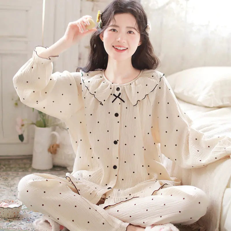 Pure Cotton Gauze Pajamas For Women Sweet And Fresh  Long Sleeves With Chest Pads