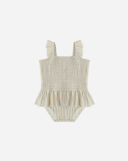 Smocked One-Piece Swimsuit | Blue + Butterscotch Stripe | Quincy Mae