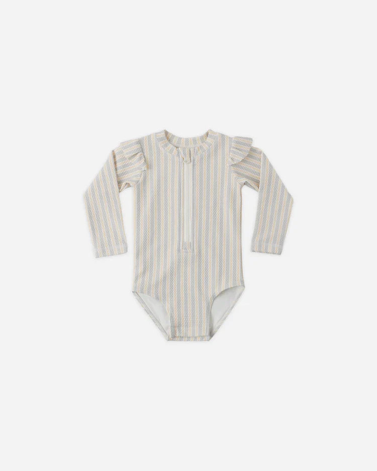 Byron Rashguard One-Piece | Blue + Butterscotch Stripe | Quincy Mae
