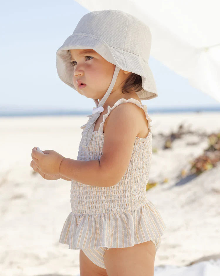 Smocked One-Piece Swimsuit | Blue + Butterscotch Stripe | Quincy Mae