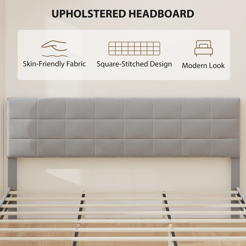 Harper King Size Platform Bed Frame with Upholstered Headboard-Grey