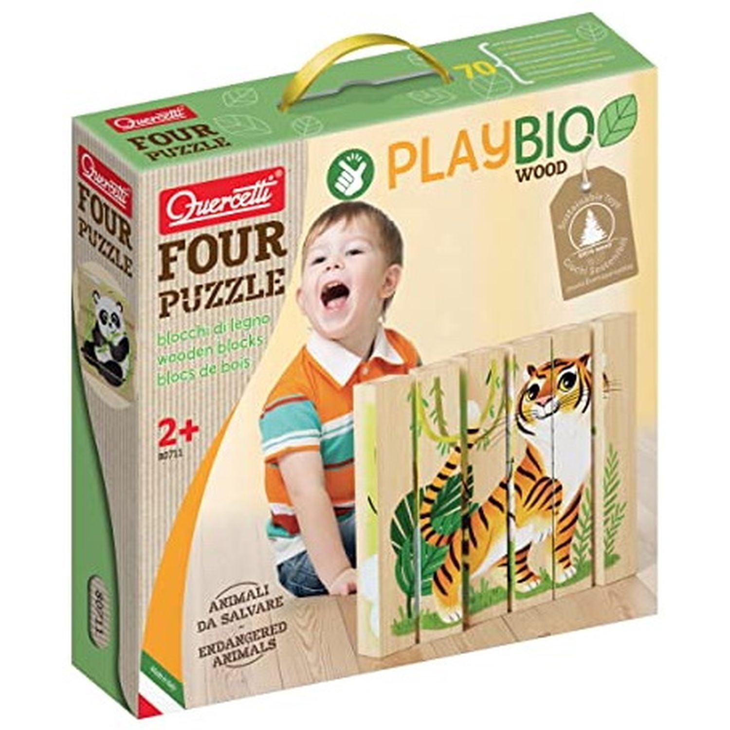 Quercetti - Play Bio - Wooden Puzzles - Endangered Animals - 4 Pz