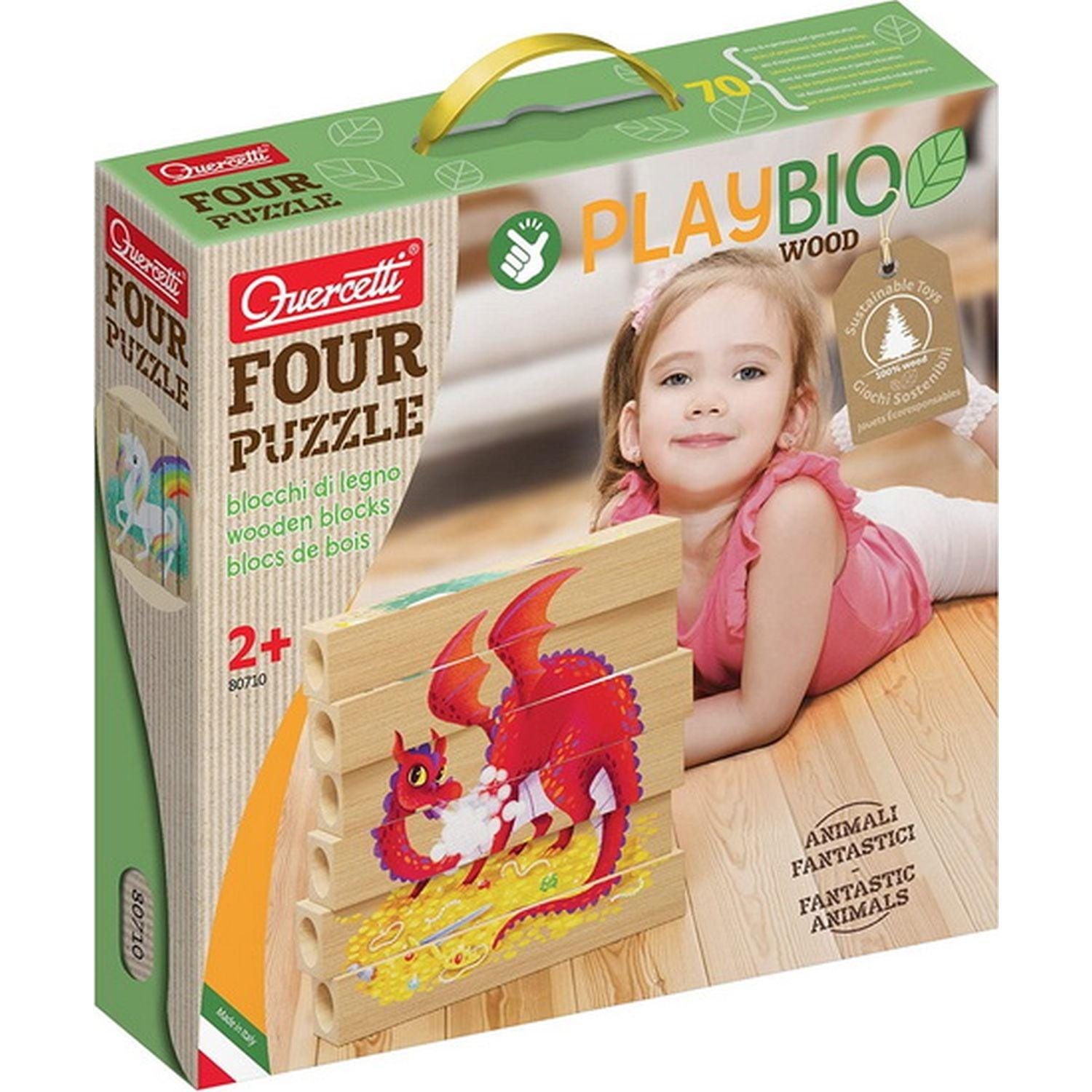 Quercetti - Play Bio - Wooden Puzzles - Fantastic Animals - 4 Pz
