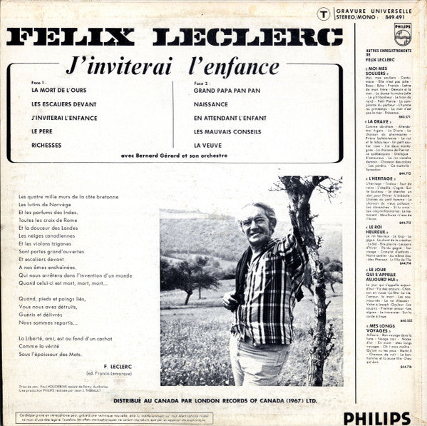 Félix Leclerc / J'Inviterai L'Enfance - LP USED