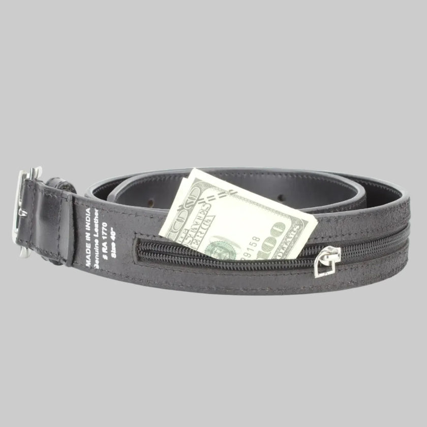 Men’s Buff Grain Leather Travel Belt with Secret Internal Zipper Pocket