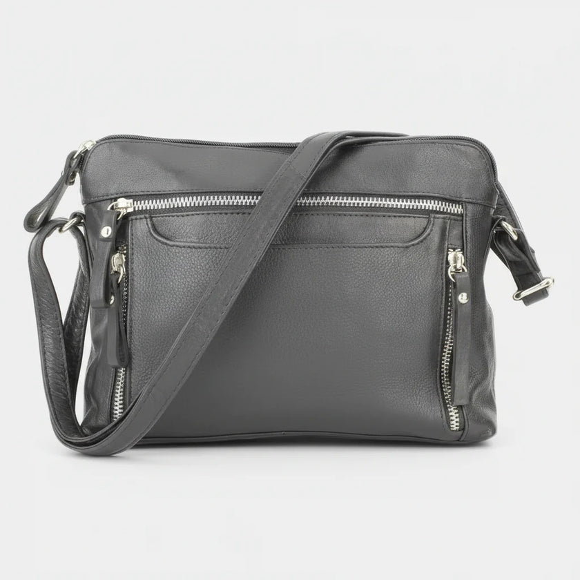 Leather Crossbody Slim Bag with Zippered Pockets & Adjustable Strap