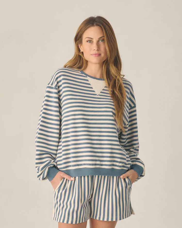 Ladies Oversized Crew + Short Set | Marine Stripe | Rylee & Cru