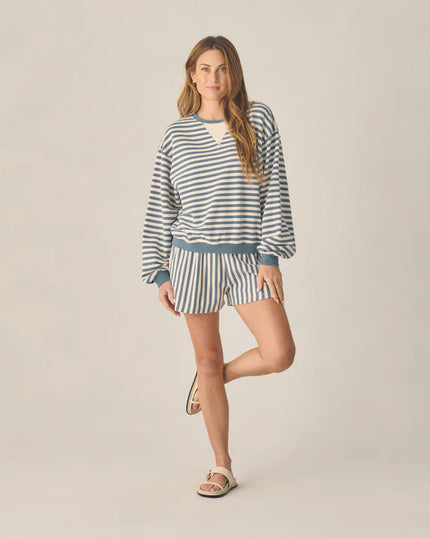 Ladies Oversized Crew + Short Set | Marine Stripe | Rylee & Cru