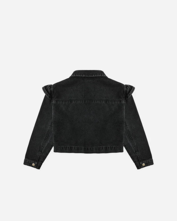 Ruffle Denim Jacket | Washed Black | Rylee & Cru