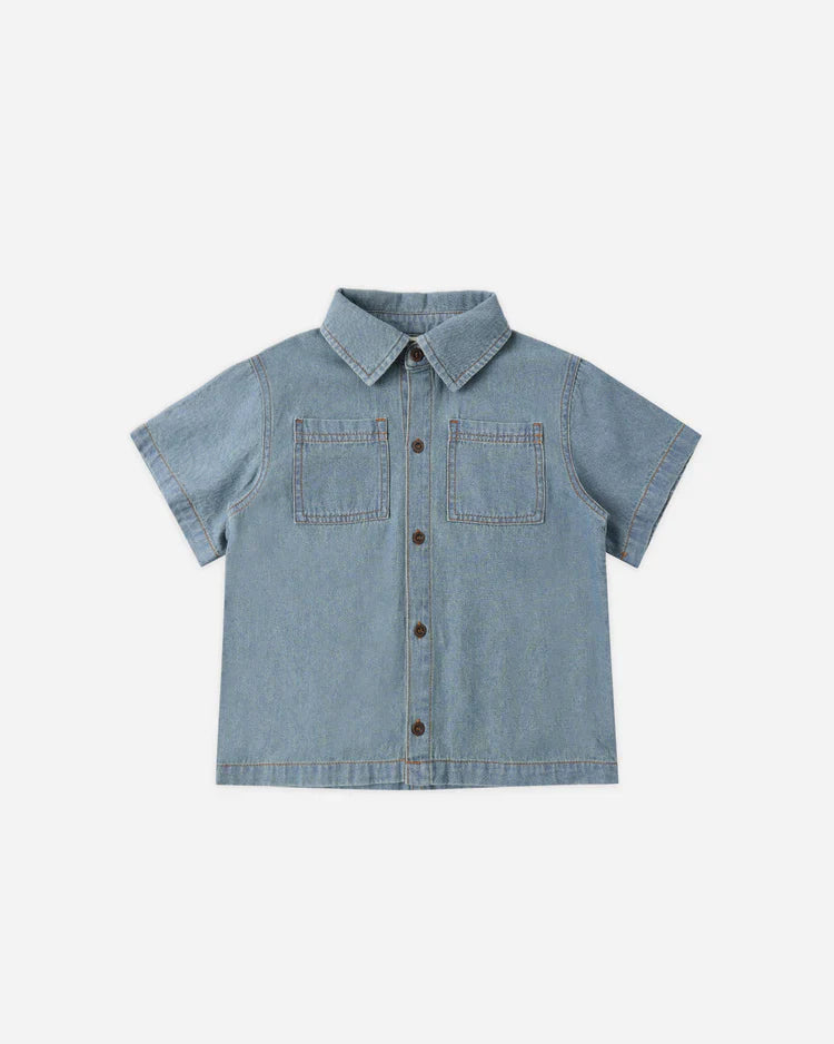 Denim Short Sleeve Overshirt | Washed  Blue | Rylee & Cru