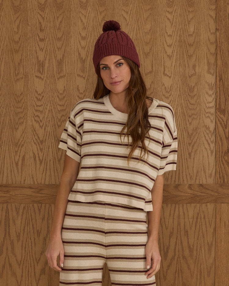 Ladies Boxy Crop Knit Tee | Burgundy Stripe | Rylee & Cru