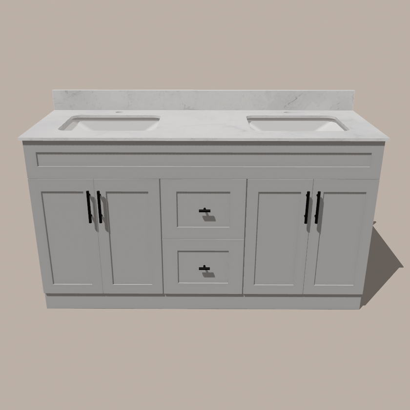 60-Inch Double Sink Shaker Bathroom Vanity — White or Gray | Plywood Cabinet, Solid-Wood Doors, Soft-Close 3-Way Clip-On Hinges | Center Drawers