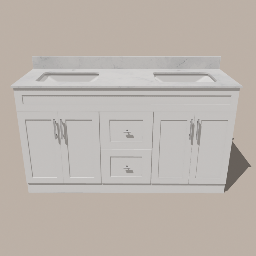 60-Inch Double Sink Shaker Bathroom Vanity — White or Gray | Plywood Cabinet, Solid-Wood Doors, Soft-Close 3-Way Clip-On Hinges | Center Drawers