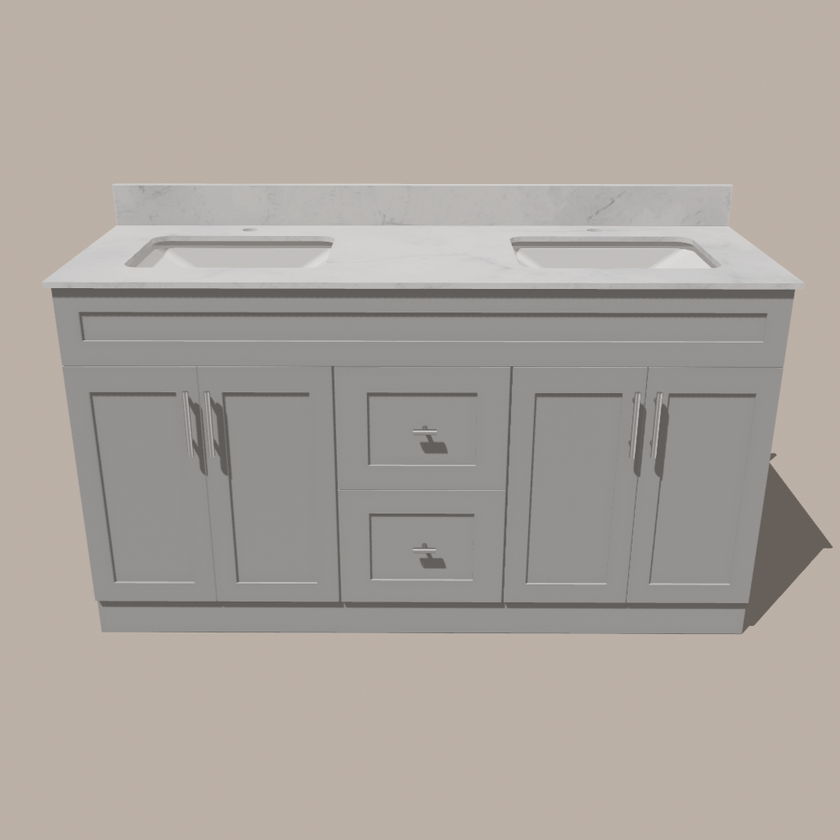 60-Inch Double Sink Shaker Bathroom Vanity — White or Gray | Plywood Cabinet, Solid-Wood Doors, Soft-Close 3-Way Clip-On Hinges | Center Drawers