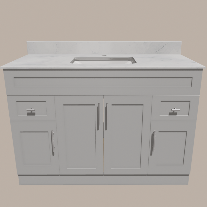 48-Inch Shaker Bathroom Vanity — White or Gray | Plywood Cabinet, Solid-Wood Doors, Soft-Close 3-Way Clip-On Hinges