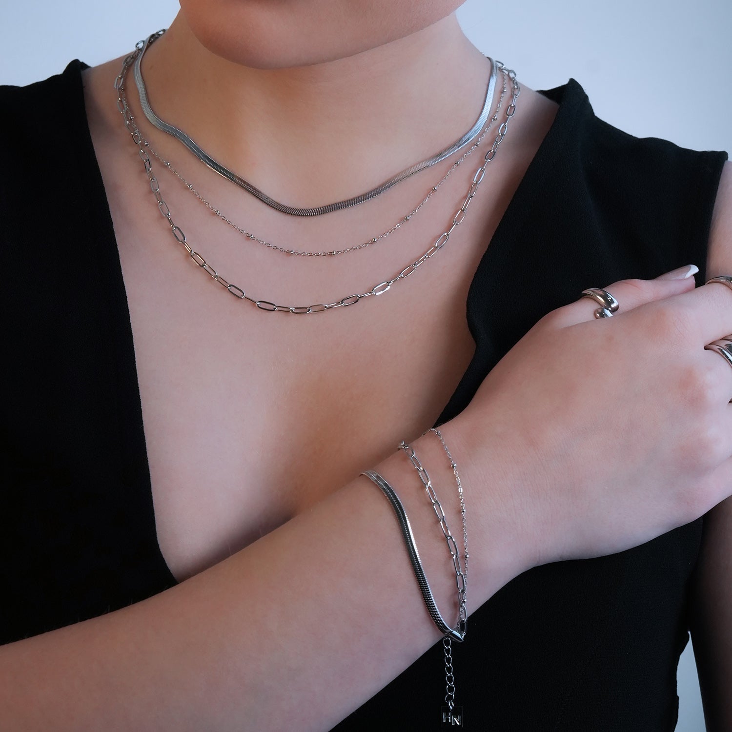 REINEDA: Triple Stacked White Gold (Silver Toned) Bracelet