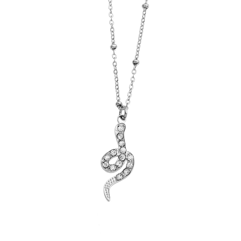 Collier RIHANNA à chaîne perlée avec pendentif serpent en zircone pavée, en argent.