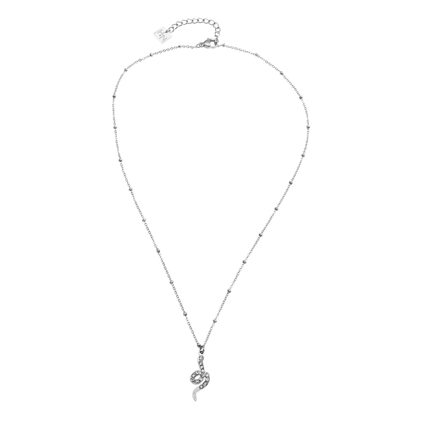 Collier RIHANNA à chaîne perlée avec pendentif serpent en zircone pavée, en argent.