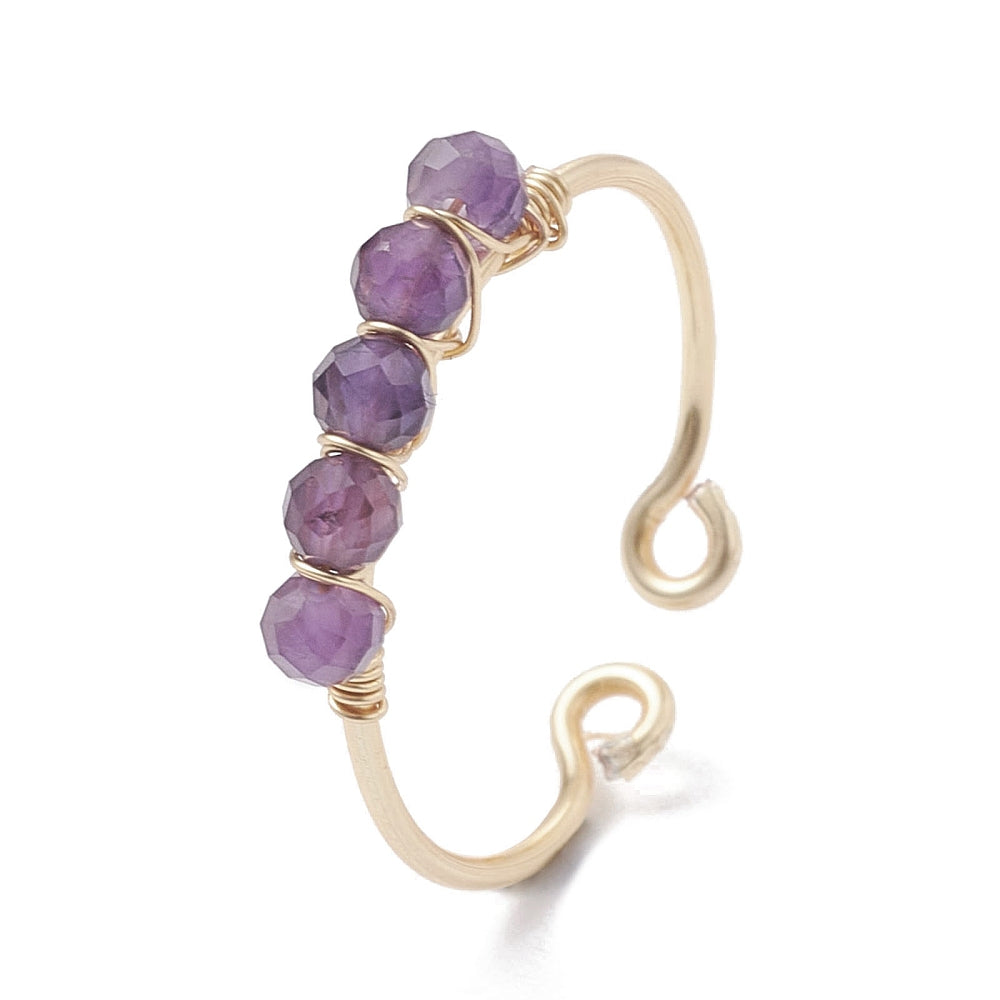 Ring - Copper Wire Wrapped - Natural Amethyst - Adjustable