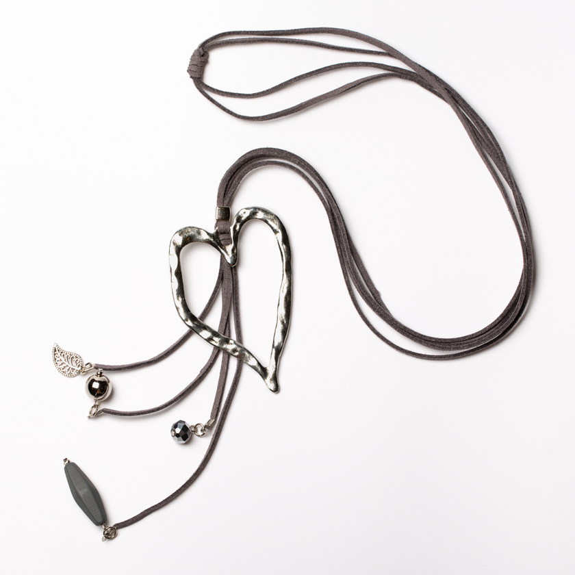 Long Open Heart Pendant On Suede With Charms