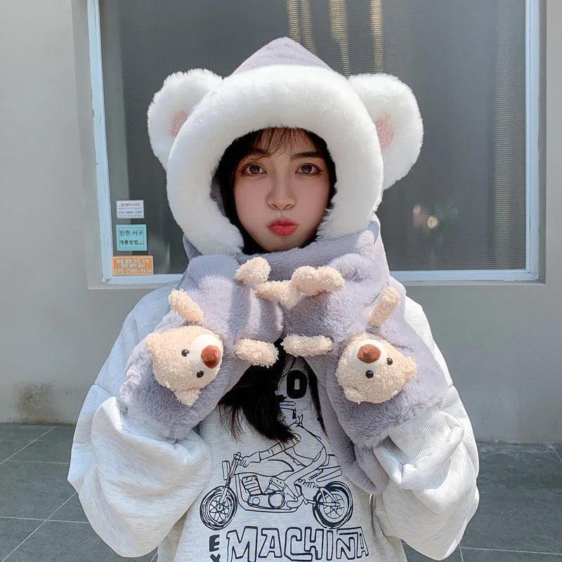Rabbit Hair Cute Bear Hat Scarf Gloves