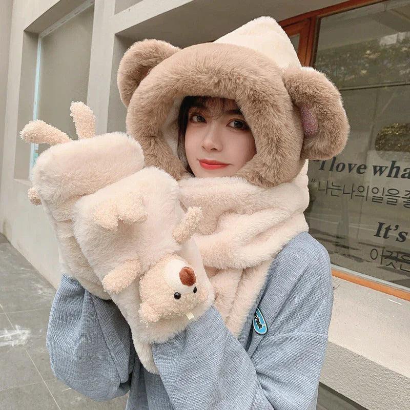 Rabbit Hair Cute Bear Hat Scarf Gloves