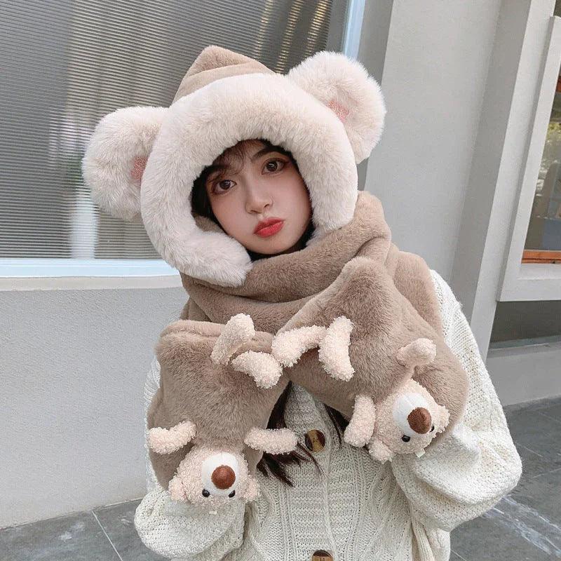 Rabbit Hair Cute Bear Hat Scarf Gloves