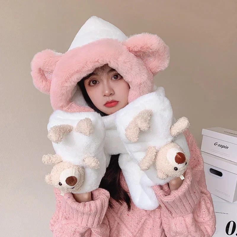 Rabbit Hair Cute Bear Hat Scarf Gloves