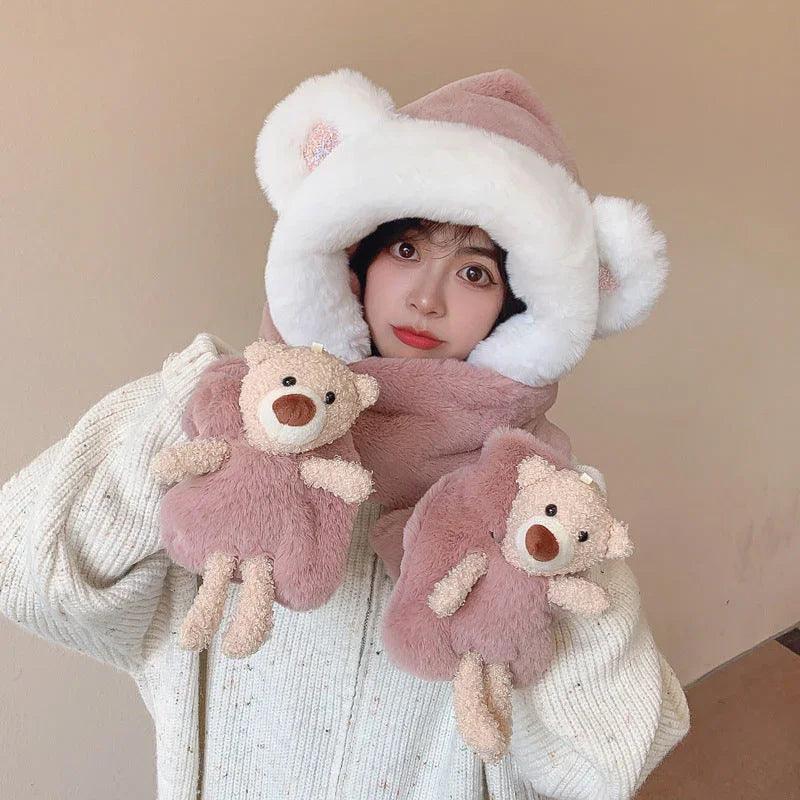 Rabbit Hair Cute Bear Hat Scarf Gloves