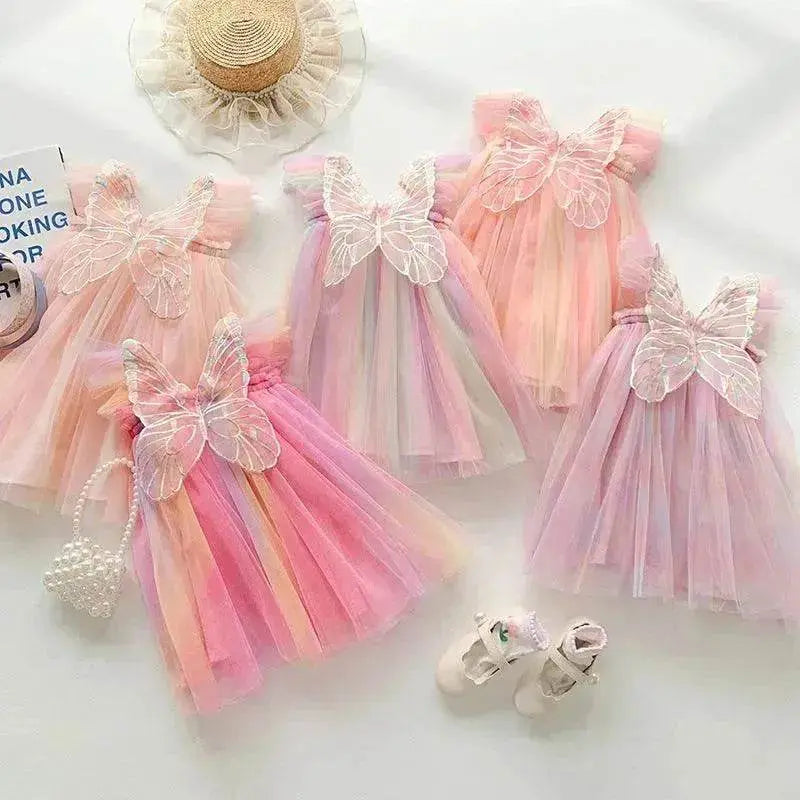 Rainbow Butterfly Wings Mesh Girl Dress
