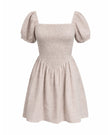 Ramona - Smocked Puff Sleeve Square Neck Dress Tan Gingham