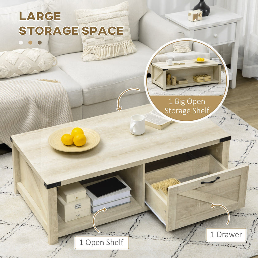 Lowen Farmhouse Coffee Table with Drawer and Open Storage Shelf-White Oak