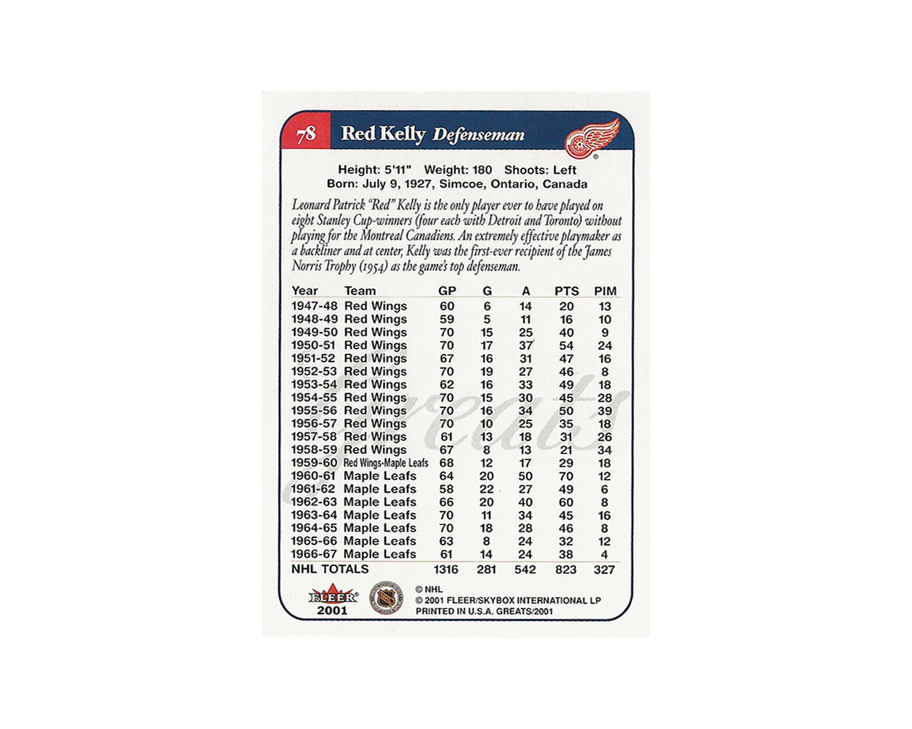 Red Kelly Autographed 2001 Fleer Greats of the Game #78 Hockey Card Inscribed 