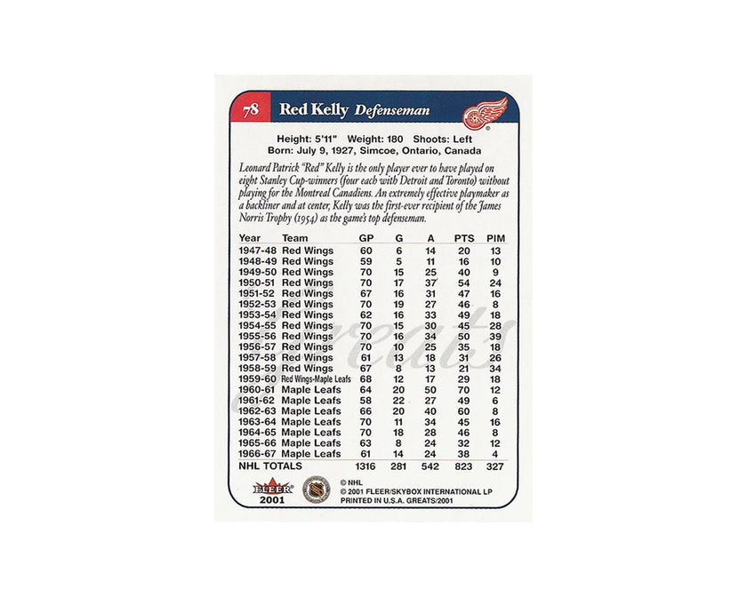 Red Kelly Autographed 2001 Fleer Greats of the Game #78 Hockey Card Inscribed 