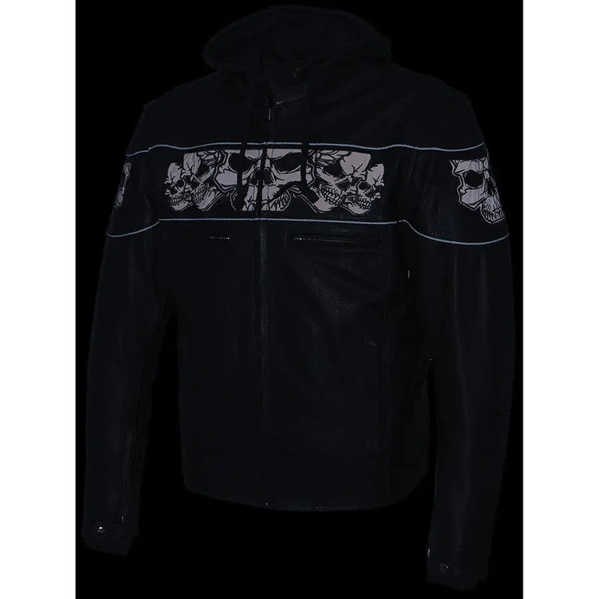 Milwaukee Leather Men's Crossover Scooter Jacket w/ Reflective Skulls & Full Sleeve Removable Hoodie