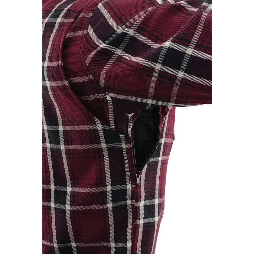 Milwaukee Leather Men's Maroon Checkered Armored Flannel Biker Shirt w/ Reinforced Fibers