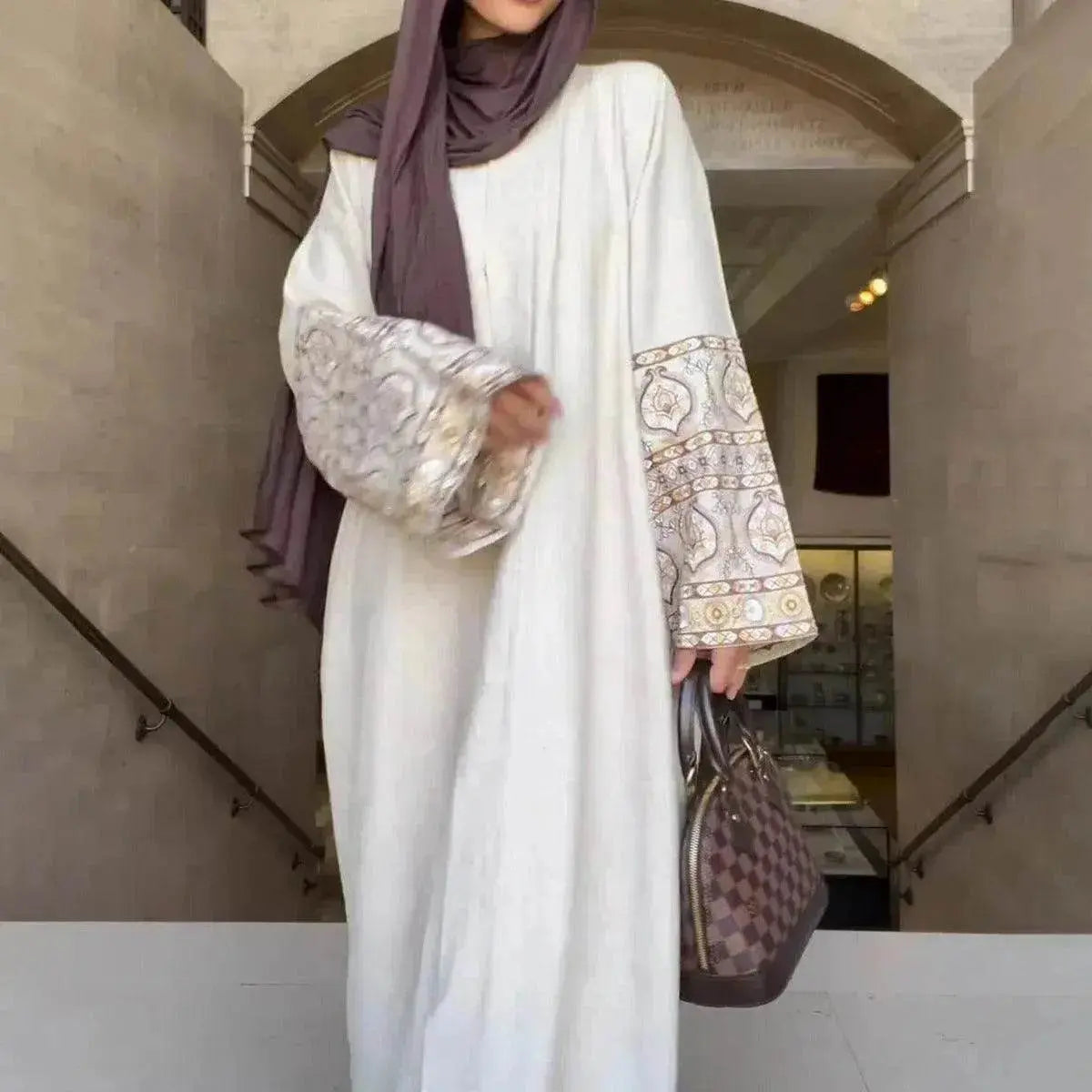 Retro-Inspired Boho Print Long Dress with Loose Puff Sleeves
