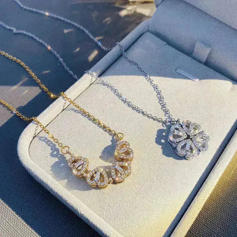 Retro Magnetic Folding Heart Shaped Four Leaf Clover Pendant Women Necklace