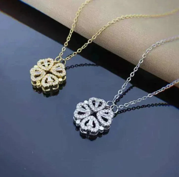 Retro Magnetic Folding Heart Shaped Four Leaf Clover Pendant Women Necklace