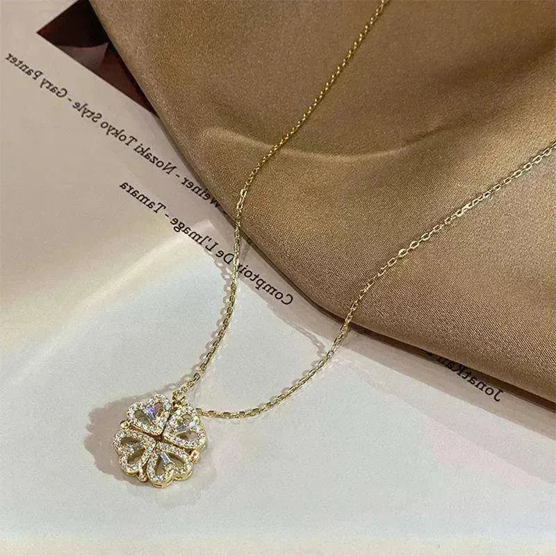 Retro Magnetic Folding Heart Shaped Four Leaf Clover Pendant Women Necklace