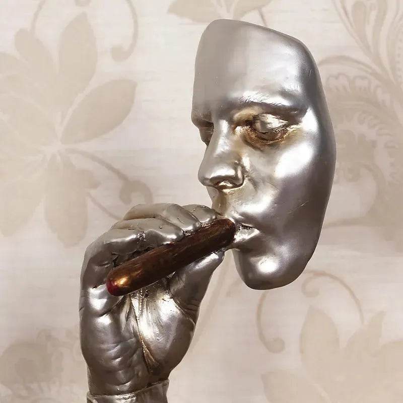 Retro Meditators Abstract Sculpture Man Smoking Cigar Face Statue.