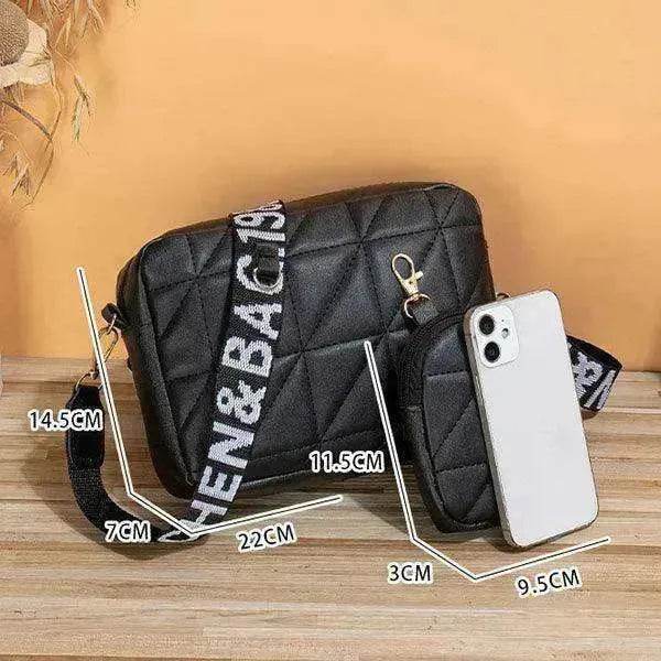 Rhombus Shoulder Bag + Wallet Set, Letter Print, Wide Strap
