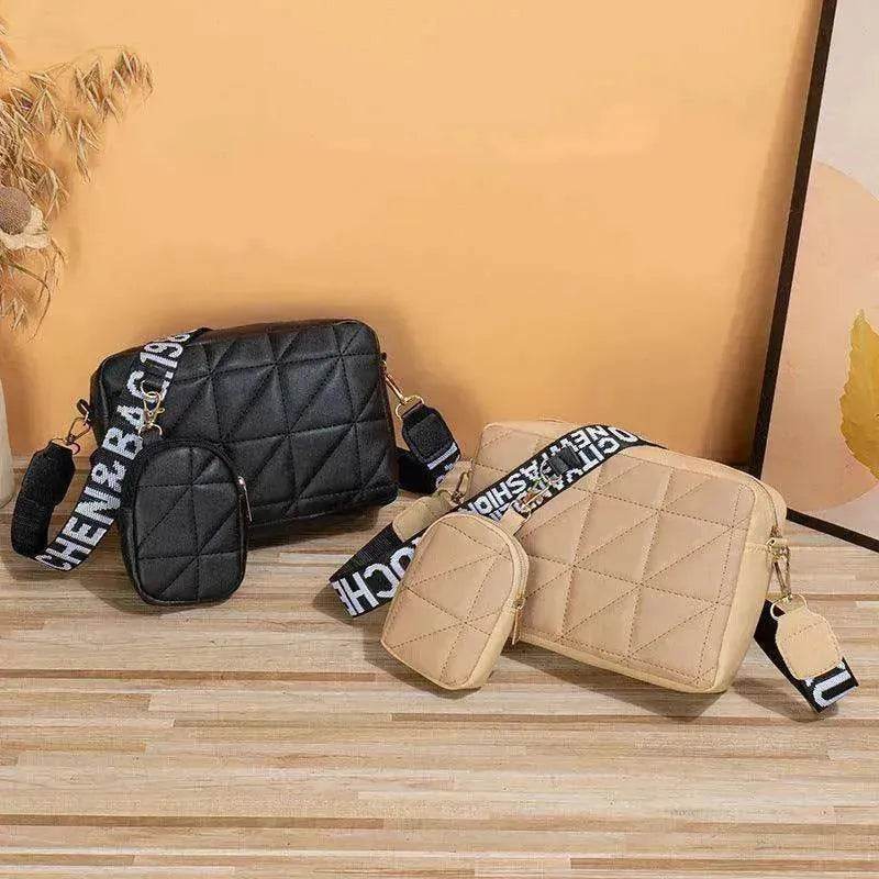 Rhombus Shoulder Bag + Wallet Set, Letter Print, Wide Strap
