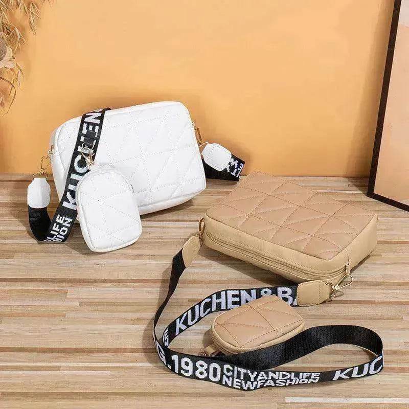 Rhombus Shoulder Bag + Wallet Set, Letter Print, Wide Strap