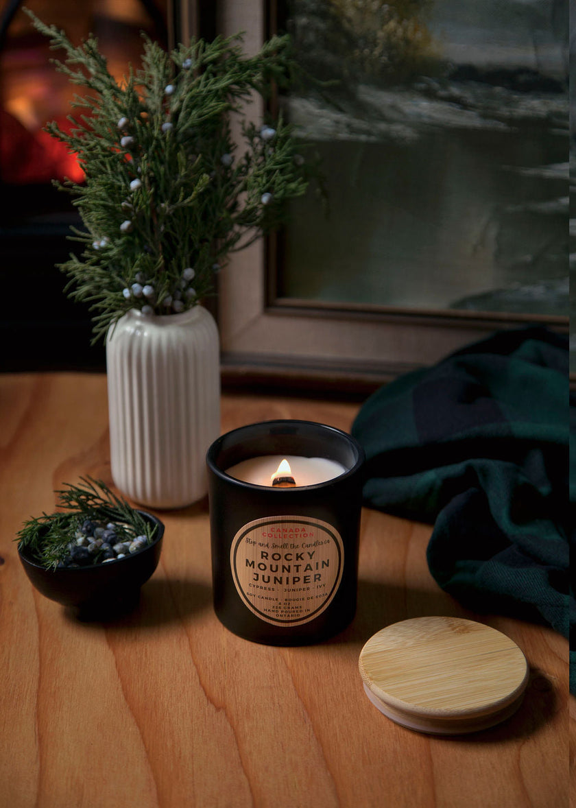 Rocky Mountain Juniper:  wood wick soy candle 8oz