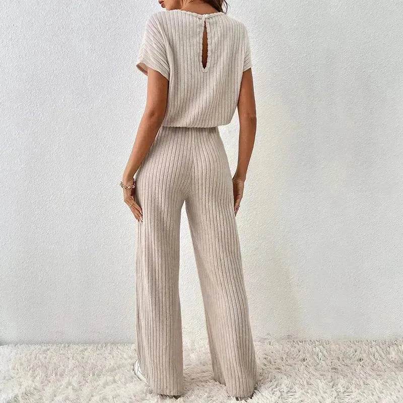 Round Neck Solid Color Fashion Knitted Top And Trousers Two-piece Set