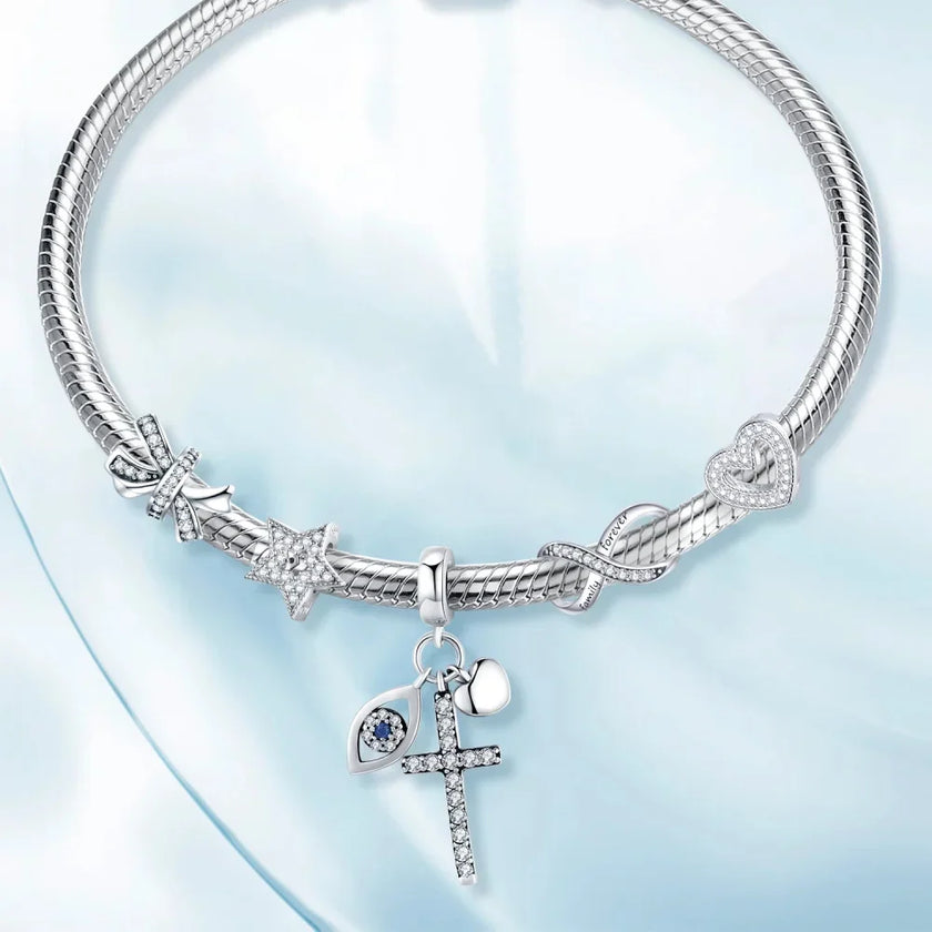 925 Sterling Silver Clear 5A Crystal Collection Family Heart X-Shape Charm Beads for Charm Bracelet & Necklace Pendant
