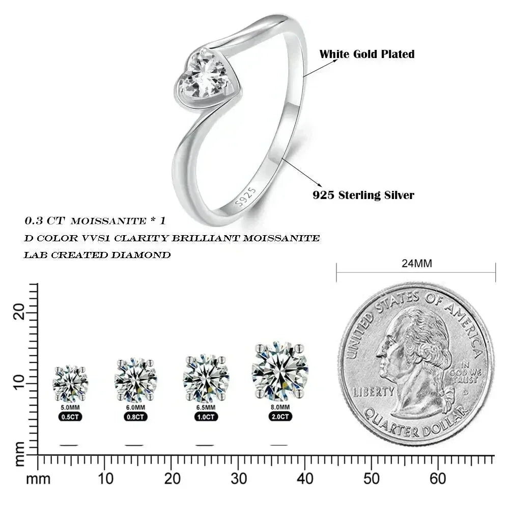 925 Sterling Silver Heart Moissanite Solitaire Ring