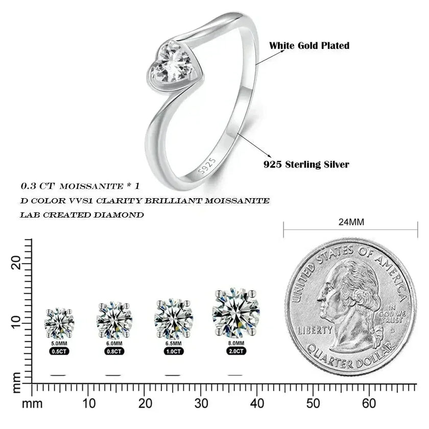 925 Sterling Silver Heart Moissanite Solitaire Ring